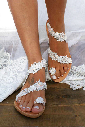 Sandalias planas de mujer de encaje blanco boho